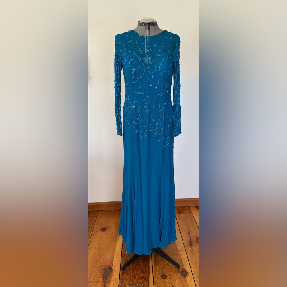 Vintage Teal, Hand Beaded, Long Sleeve Bishop Gown. Size 16